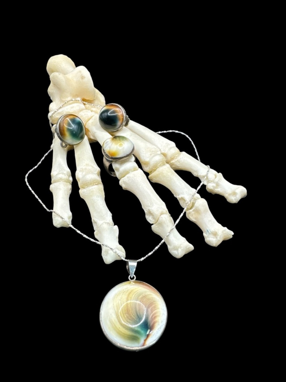 Vintage Sterling Silver Operculum Shell Pendant Necklace 16” Sterling Evil Eye - Picture 6 of 6